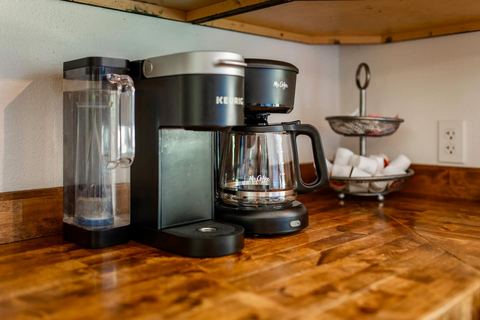 Kitchen storage and counter space at the James River Cabin