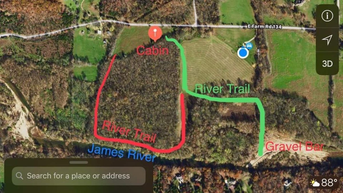 Trail map showing the river trail route from the cabin down to the James River frontage
